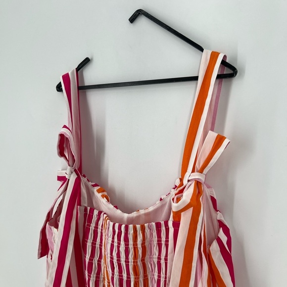 H&M Tie Long Strap Striped Flared Midi Dress In Cerise Striped - Picture 9 of 12